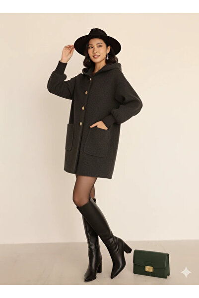 cemo Women's Oversized Loose Cut Above Knee Black Coat Large Pocket Wool Fabric Hood Detail