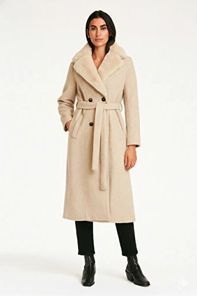 cemo Women's Brown Curly Fabric Long Coat Large Collar Winter Overcoat Teddy Coat