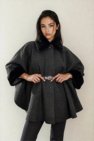 cemo Women's Fur Collar Cuff Detailed Poncho Coat Belted Cape Jacket Cashmere