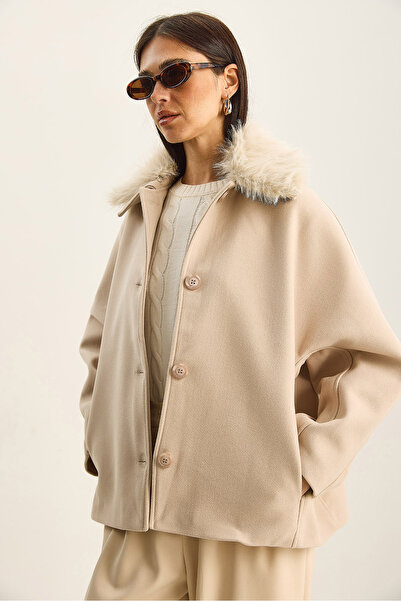 Bianco Lucci Women's Portable Fur Collar Pocket Detailed Lined Cashmere Coat 9032 60283797