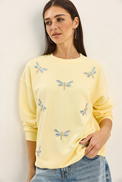 Bianco Lucci Women's Crew Neck Butterfly Stone Embroidered Relaxed Sweatshirt 1558 60283660