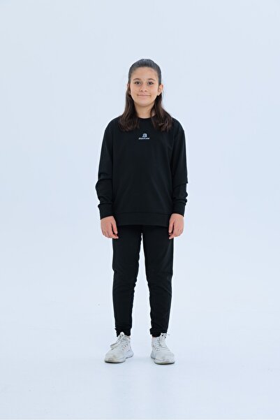 Black One Girl's Fleece-Lined Diving Fabric Tracksuit Set (Sweatshirt + Leggings)
