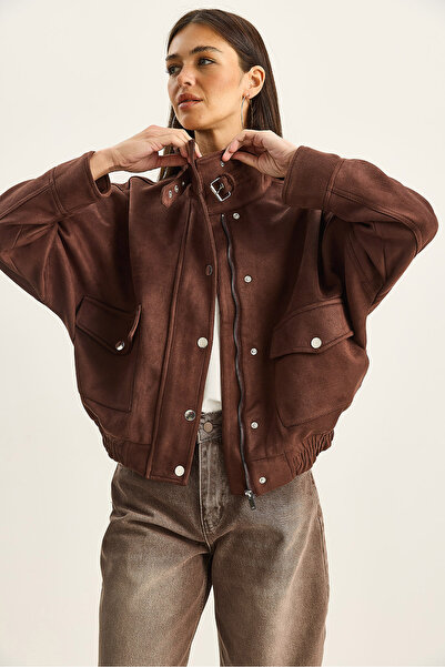 Bianco Lucci Γυναικείο μπουφάν με ψηλός λαιμός τσέπες με φερμουάρ, λεπτομερές επένδυση oversized από τεχνητό σουέτ 9030 60283796