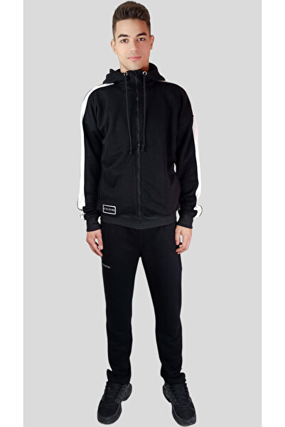 celevri Men's tracksuit, black, made of 100% premium cotton, with hood and zipper, regular fit