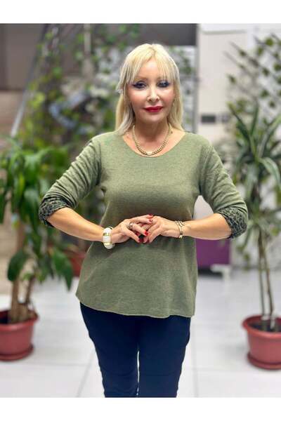Punta Otantik Nc218181 Round Neck Knitwear with Leopard Inside Large Size Blouse Khaki