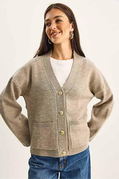 Bianco Lucci Women's Button Pocket Detail V-Neck Long Sleeve Knitwear Cardigan Th251059 60283799