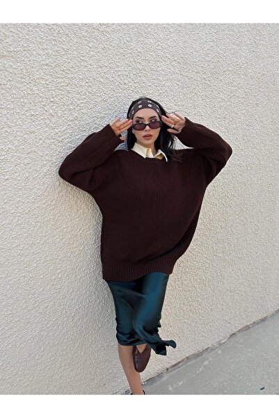 minaaise سترة تريكو نسائية بنية اللون قصة فضفاضة سيلانيك 30057