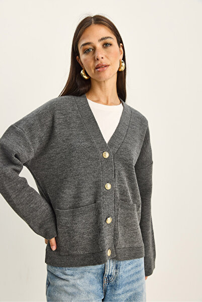 Bianco Lucci Women's Button Pocket Detail V-Neck Long Sleeve Knitwear Cardigan Th251059 60283799