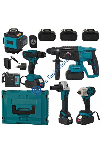 German Meister KraftRoyal 5-piece cordless tool kit: drill, 2-in-1 impact, rotary hammer, angle grinder, laser leve