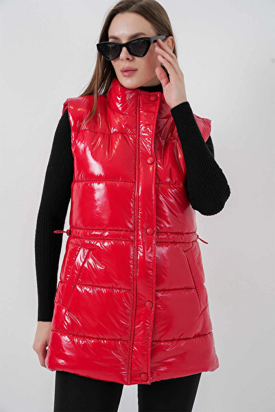 hazelin Women's Red Shiny Lined Puffer Vest Hzl25W-Bd152181