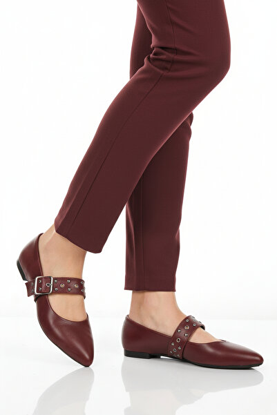 AYAKMOD Burgundy Leather Belted Lightweight Flexible Women's Ballerinas 209166 Z