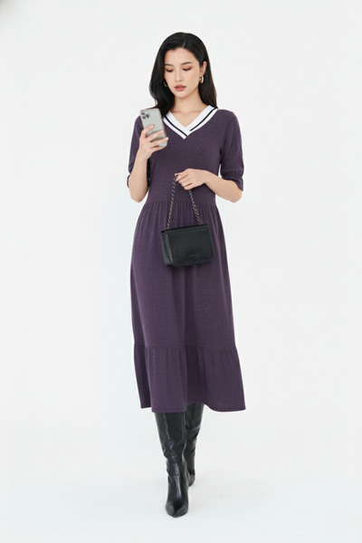 CrazyShopping Women's Short Sleeve Stretch Fabric Knitted Viscose V-Neck Dress