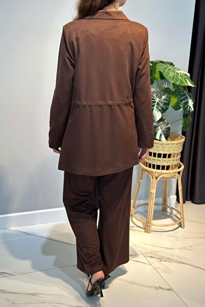 Lale Butik Women's Knitted Cupra Blazer Jacket Pants Set 7372 Brown