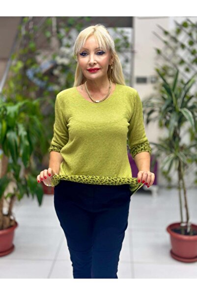 Punta Otantik Nc218181 Round Neck Knitwear with Leopard Inside Large Size Blouse Pistachio