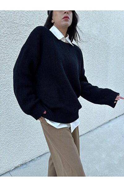 minaaise سترة تريكو سيلانيك سوداء قصة فضفاضة للسيدات 30057