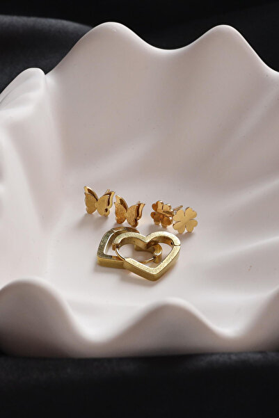 Eloura Accessories Gold Renk Çelik Küpe Seti-Yonca ve Taş Detaylı Şık Tasarım