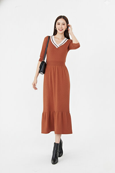 CrazyShopping Women's Short Sleeve Stretch Fabric Knitted Viscose V-Neck Dress