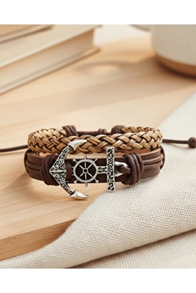 E&F Takı 2-Piece Leather Bracelet Sailor Anchor Design Brown Real Leather Bra...