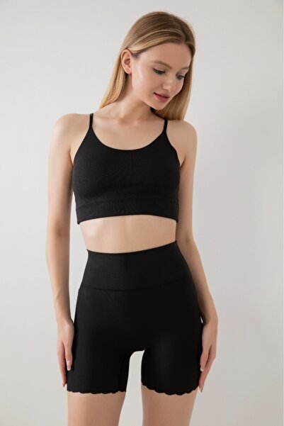 SİA LESS Women's Combed Cotton Two Sizes Slimming Black Corset Shorts