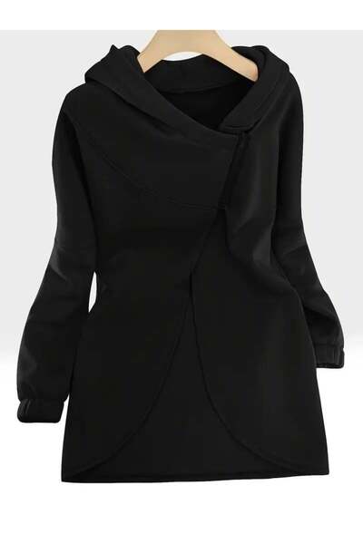 Afri Black Women's 3 Thread Ş Fleece-Lined K Hooded Jacket – Asymmetrical Zipper Oversize