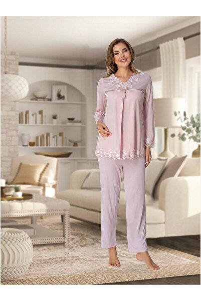 Lohusa Homewear طقم بيجامة للحوامل بتصميم أنيق من الدانتيل الوردي للنساء من إ...