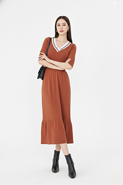 CrazyShopping Women's Short Sleeve Stretch Fabric Knitted Viscose V-Neck Dress