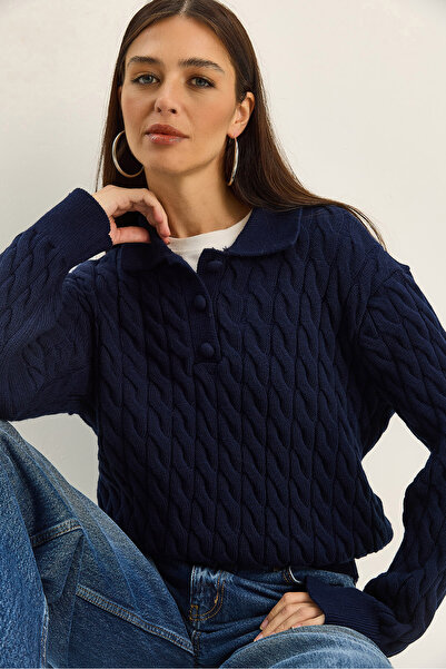 Bianco Lucci Kadın Saç Örgü Polo Yaka Düğmeli Triko Kazak TK251120 60283789