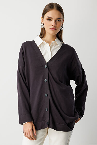 Mizalle Ekstra Oversize Düşük Kol Basic Antrasit İnce Triko Hırka