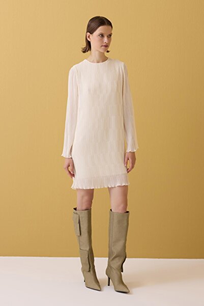 Jus De Pommes KREM PİLİSELİ MİNİ ELBİSE