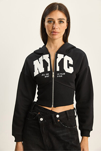 Bianco Lucci Women's Nyc Embroidered Three Thread Sh Fleece-Lined K Hooded Crop Cardigan 6942 60283794