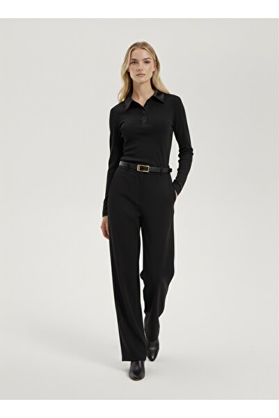SUPER FASHION CLUB Women's Ribbed Polo Neck Buttoned Blouse