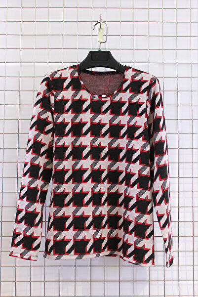 YXL COLLECTION Women's Plus Size Stretch Fabric Crew Neck Houndstooth Pattern Soft Sweater Mom Blouse