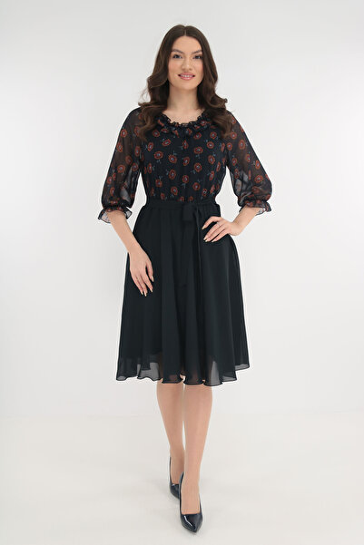 Vanessa Line RO Κομψό φόρεμα από σκούρο μπλε πέπλο και πέπλο με στάμπα από τούβλα