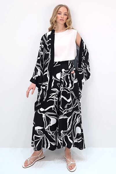 Trend Alaçatı Stili Schwarz-weißes, geometrisch gemustertes Sommer-Oversize-K...