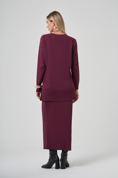 Nuss Houndstooth Pattern Mercerized Knitwear Suit with Pencil Skirt 1350 Claret Red