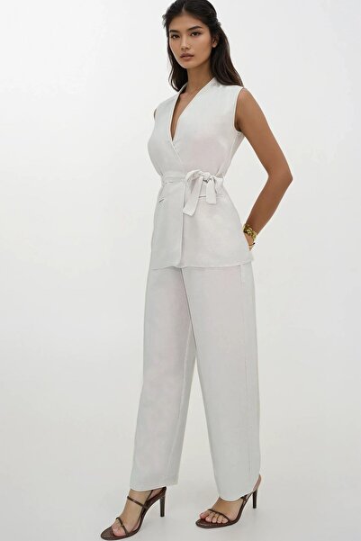 Trend Alaçatı Stili Women's Cream Double Pocket Tie-Up Linen Pants Vest Suit Alc-X14064