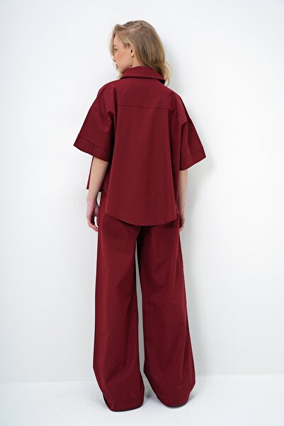 Trend Alaçatı Stili Women's Burgundy Linen Shirt and Palazzo Pants Set Alc-X13948