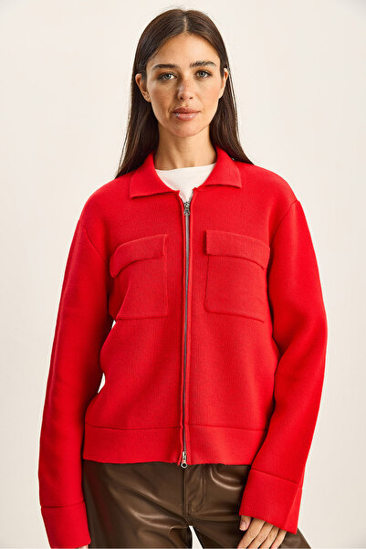 Bianco Lucci Women's Double Pocket Detailed Zipper Closure Knitwear Jacket Cardigan Th251076 60283802