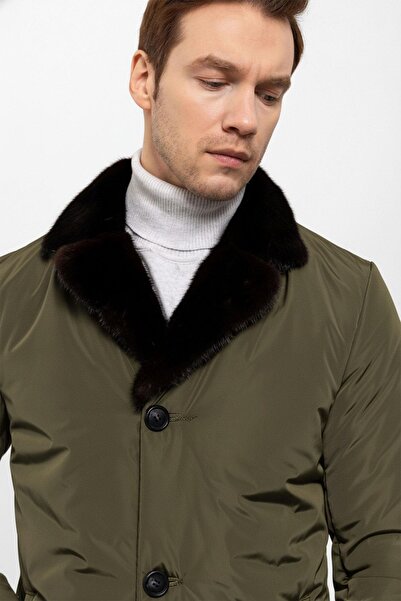 Deriderim Haki Yeşil Kumaş Hugo Yakası Kürk Erkek Kaban