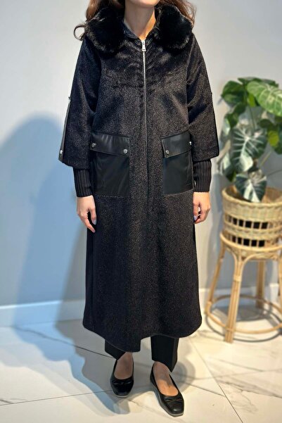 Lale Butik Leather Pocket Detail Fur Coat 2596 Black