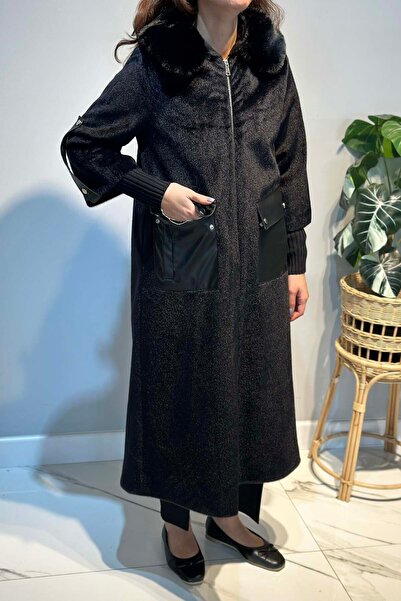 Lale Butik Leather Pocket Detail Fur Coat 2596 Black