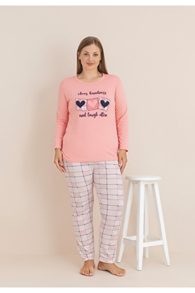 Serena Big Size pink women's pajamas with long sleeves and long pants, heart print