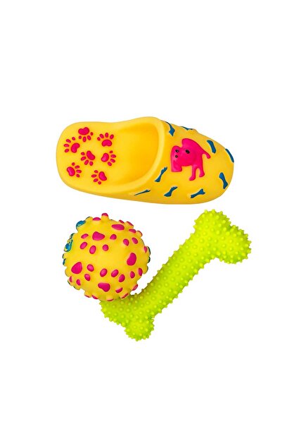 Petfactory 🦴 Set 3 jucării din cauciuc pentru câini – model papuc, os și minge 🐾