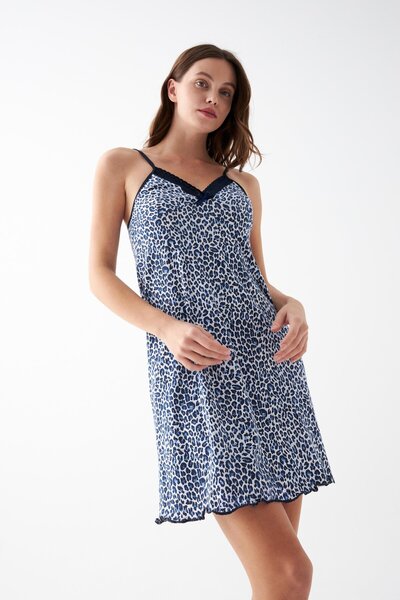 Akbeniz Women's Blue Leopard Patterned Lace Detailed String Strap Nightgown