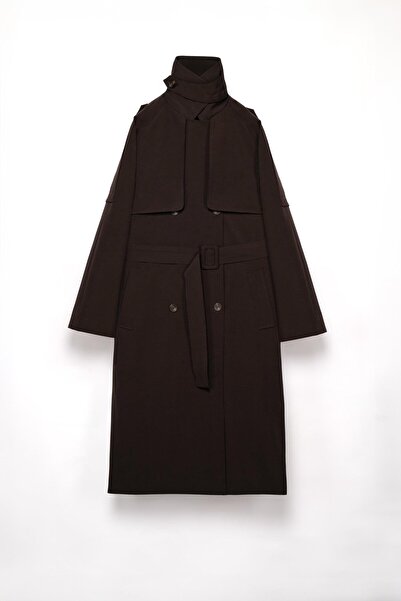 Thalure Kadın Kahverengi Dik Yaka Trençkot