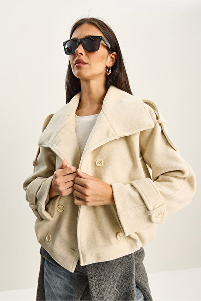 Bianco Lucci Women's Mock Neck Pocket Detailed Epaulet Lined Short Cashmere Bomber Jacket Coat 2060 60283814