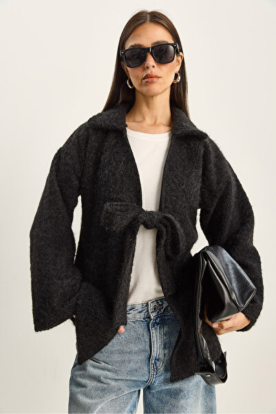 Bianco Lucci Women's Shirt Collar Tie Detail Faded Cashmere Coat 55002 60283568