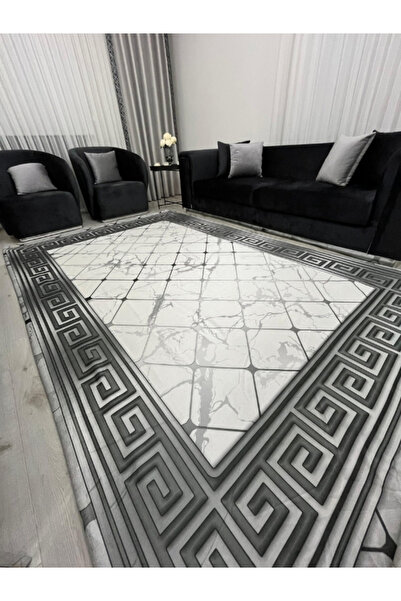 BGV HOME Marble Pattern Greek Motif Carpet Cover Gray White *Elastic and Sponge Non-Slip Base Washable*