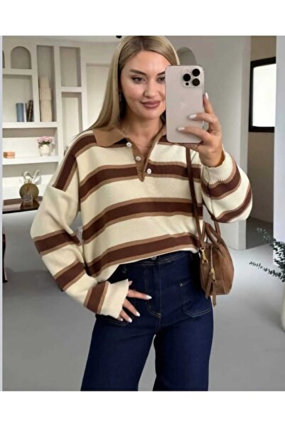Cemre Life New Deux Striped Buttoned Polo Neck Women's Knitwear Sweater