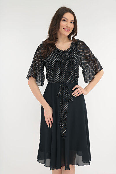 Vanessa Line RO Κομψό φόρεμα από σκούρο μπλε πέπλο και κρεμ πουά πέπλο